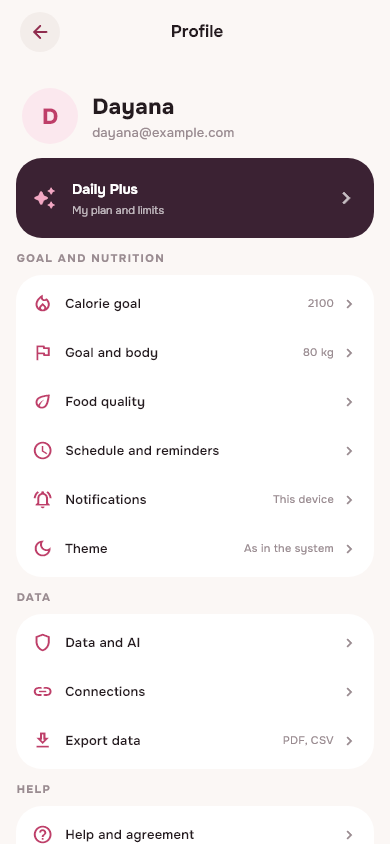 Profile: goal, body, routine and account settings