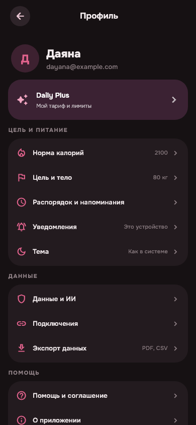 Профиль: цель, тело, распорядок и настройки аккаунта