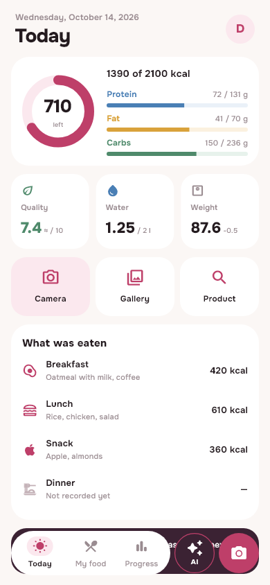 Current screen Today: calories, macronutrients, water, weight and camera, gallery and search buttons