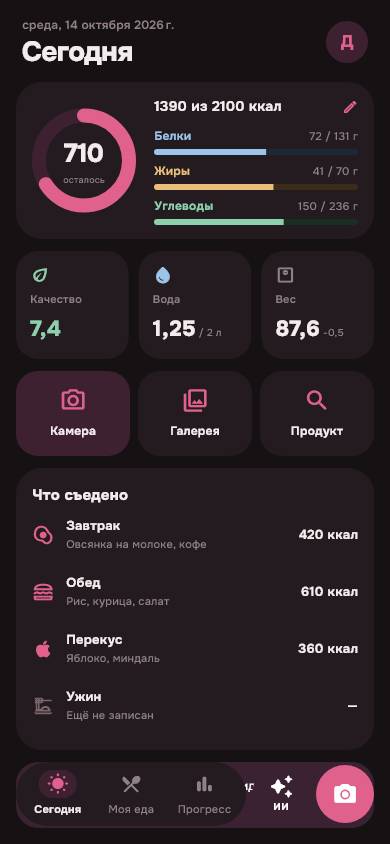 Актуальный экран Сегодня: калории, БЖУ, вода, вес и кнопки камеры, галереи и поиска